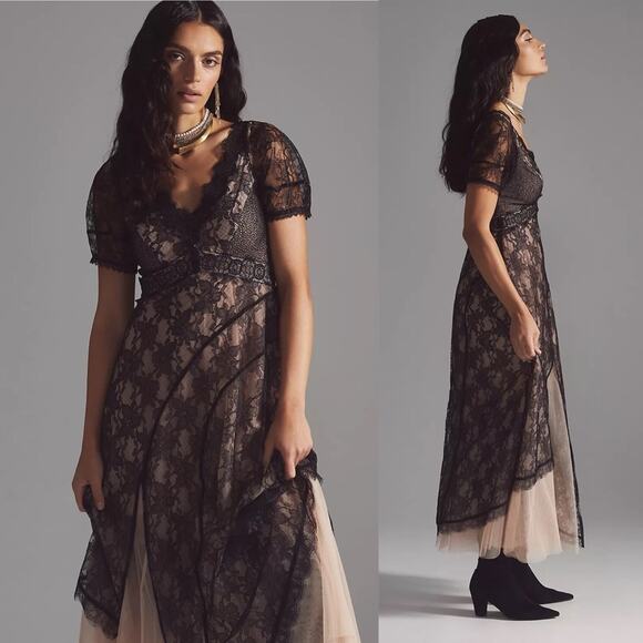 Anthropologie Lace Tulle Maxi Dress Black Size 0 - Picture 8 of 8